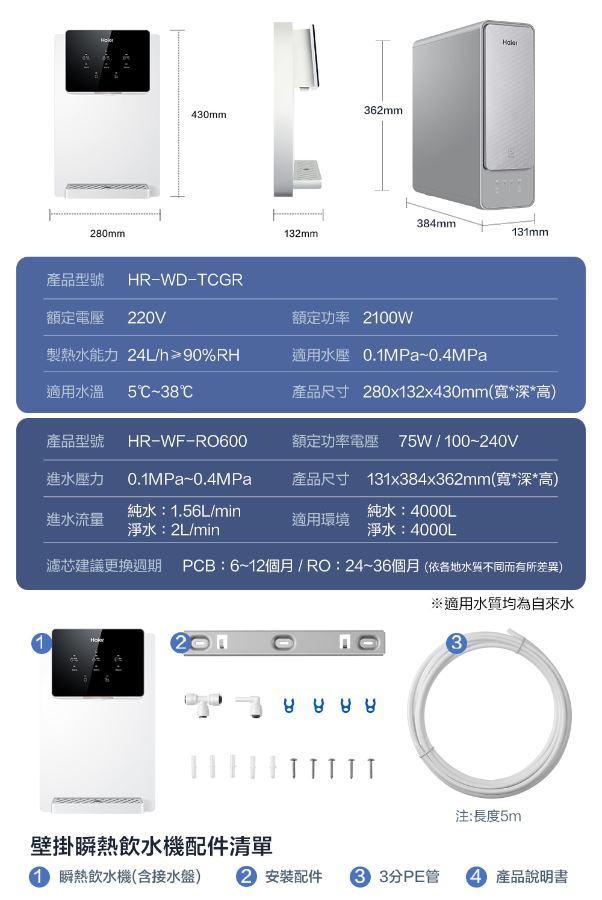 Haier 海爾 壁掛MINI瞬熱飲水機(白)+RO600G淨水器