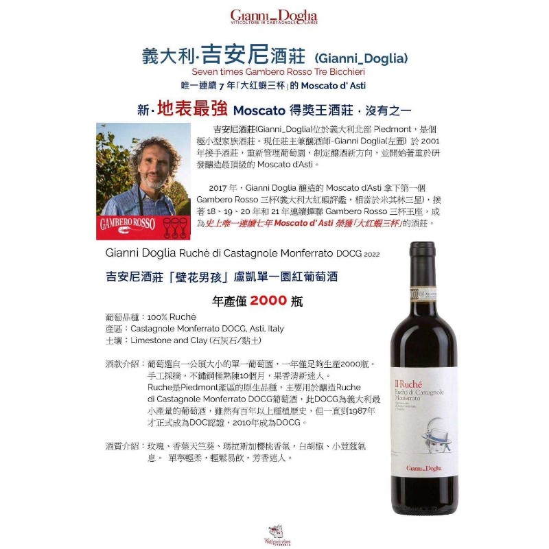 Gianni Doglia Ruche di CastagnoLe Monferrato DOCG 2022 吉安尼酒莊「壁花男孩」盧凱單一園紅葡萄酒