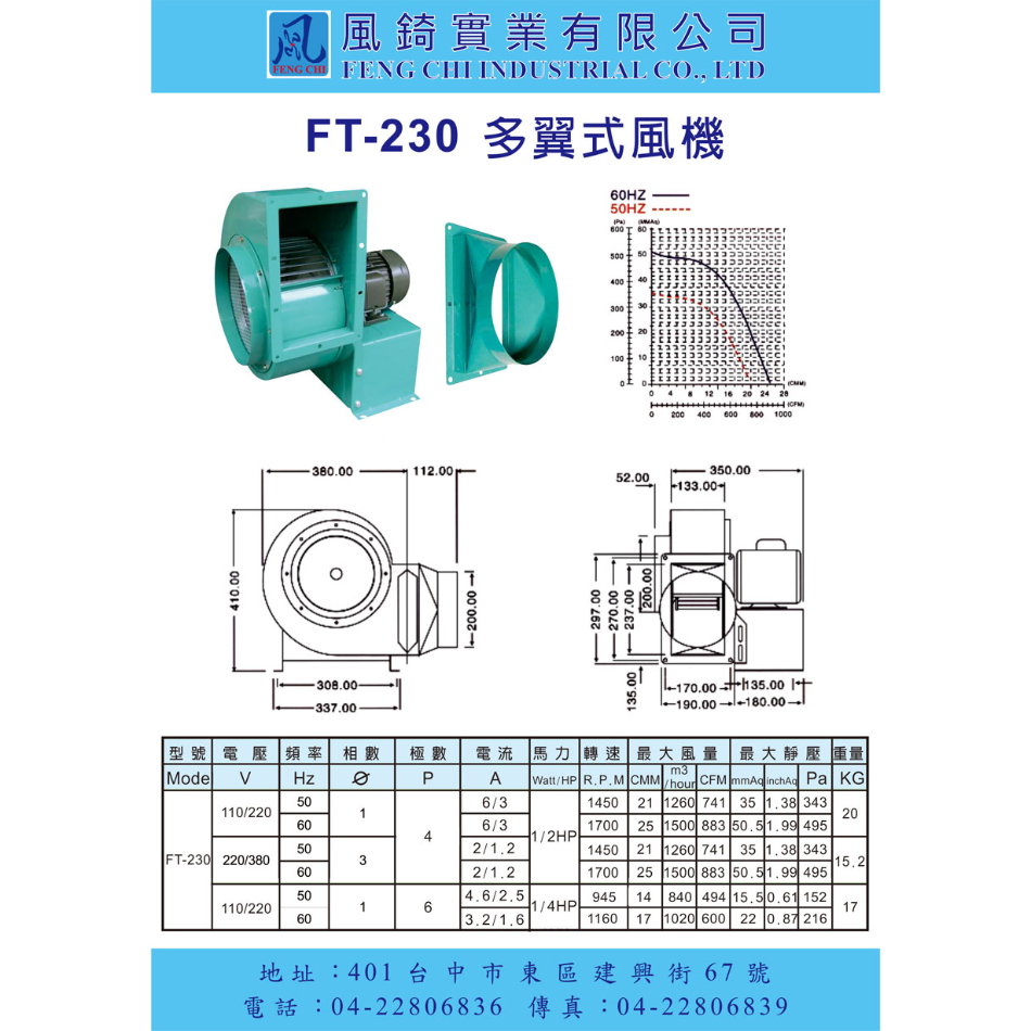 FT-230 單口多翼式小型抽送風機