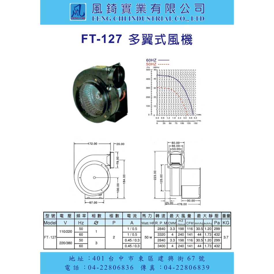 FT-127 單口多翼式小型抽送風機