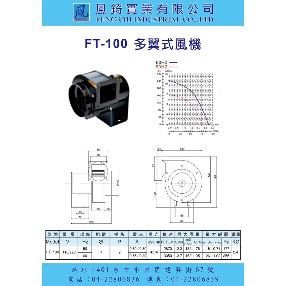 FT-100 單口多翼式小型抽送風機