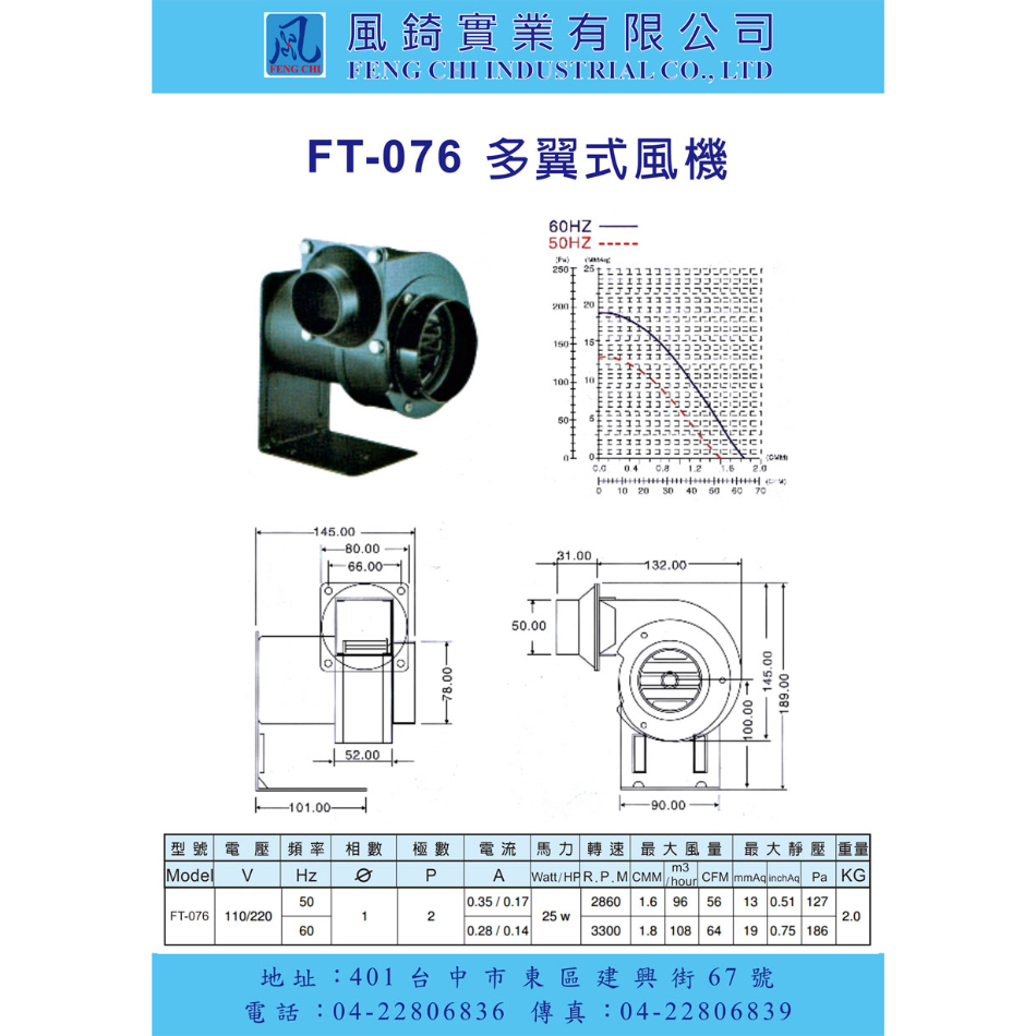 FT-076 單口多翼式小型抽送風機