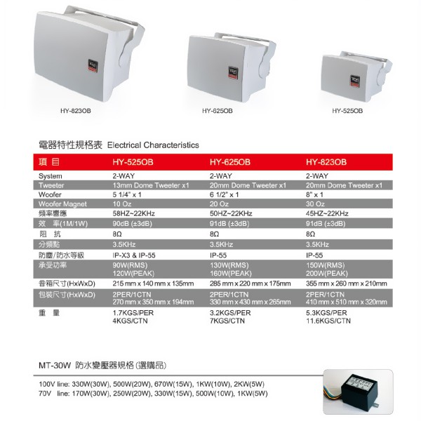 【泉聲音響】HY-823OB 互外型防水防塵喇叭 附可調整喇叭角度吊架 通過國際IP-55等級之防水認證