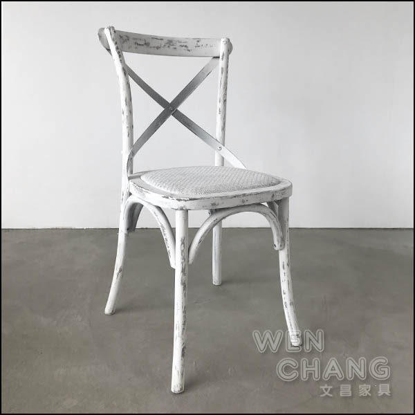 法式鄉村 交叉椅 Xchair 籐編椅墊作舊木椅 餐椅 仿舊色 白色 