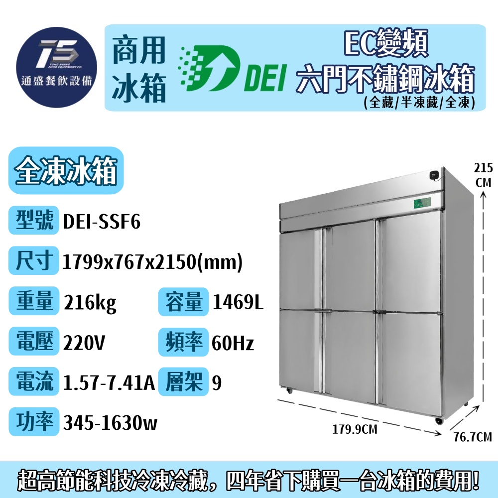 [餐飲商用冰箱]得意 EC變頻六門不鏽鋼冰箱 商用冰箱 全藏 半凍半藏 全凍 220V