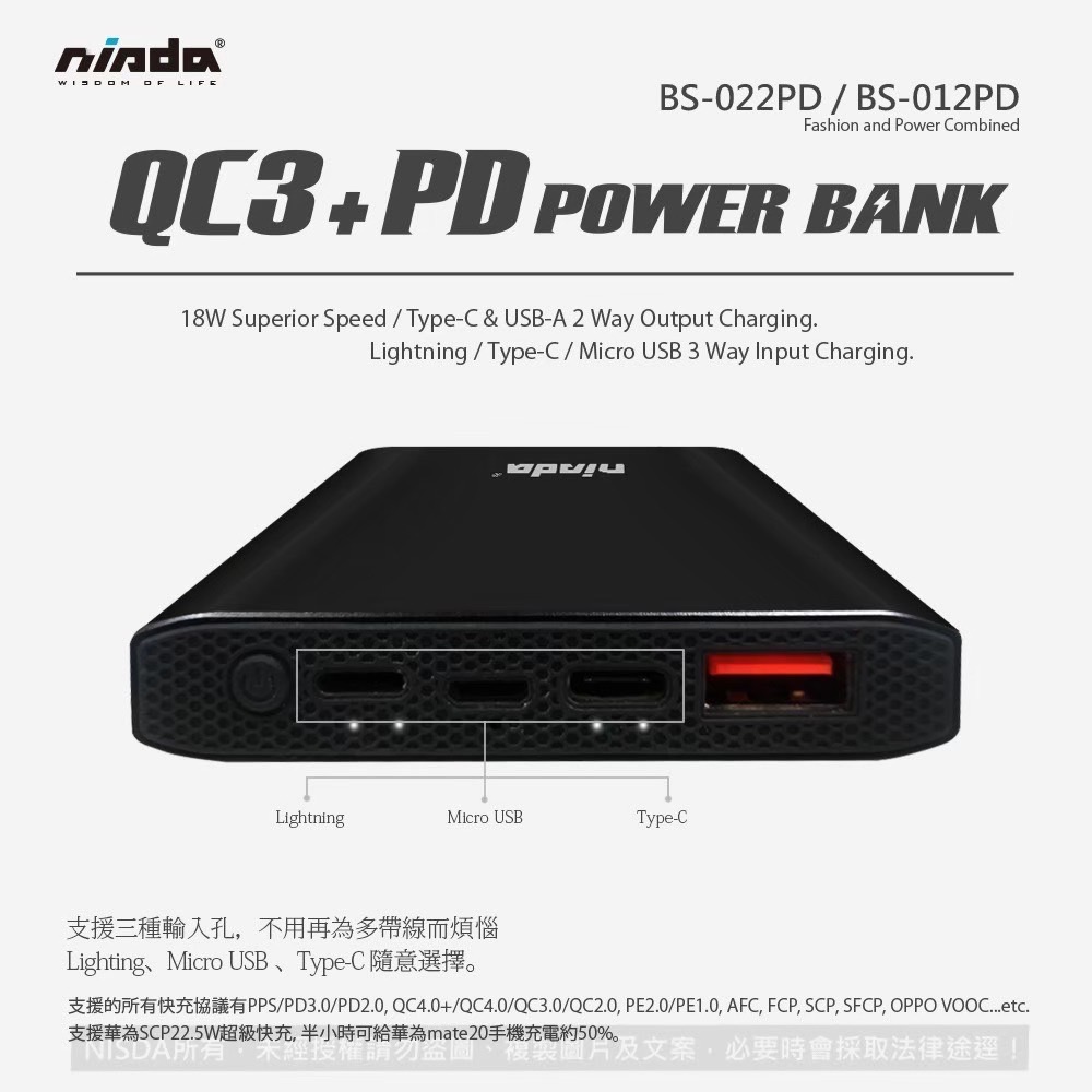 【NISDA】QC3.0+PD雙孔 18W快充大容量行動電源(BS-012PD/BS-022PD)