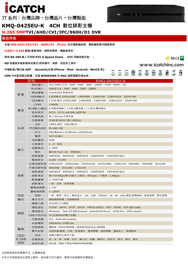 可取 8路 H.265 監視器  主機 25系列 iCATCH 支援 4k 2倍壓縮格式1收類比音8銅軸音台灣製造