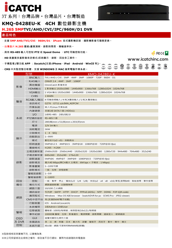 可取 4路 H.265 監視器  主機 28系列 iCATCH 支援 5mp 攝影機 2倍壓縮格式4收類比銅軸音台灣製