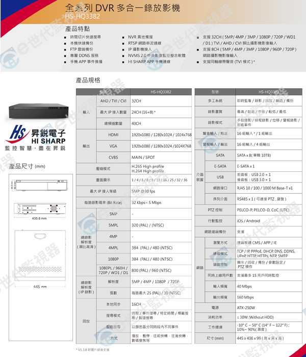 昇銳監控主機/HS-HQ3382/32入監控主機