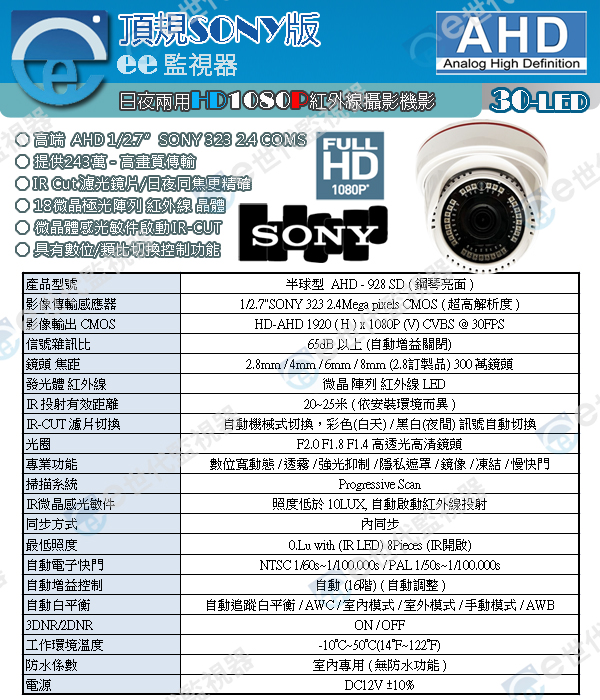 928 半球型 國王機 監視器 1080P 攝影機 300萬 鏡頭 頂規晶片 AHD系統頂規機款 30顆奈米級陣列