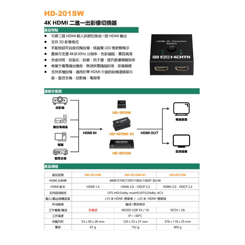 4K HDM二進一出影像切換器