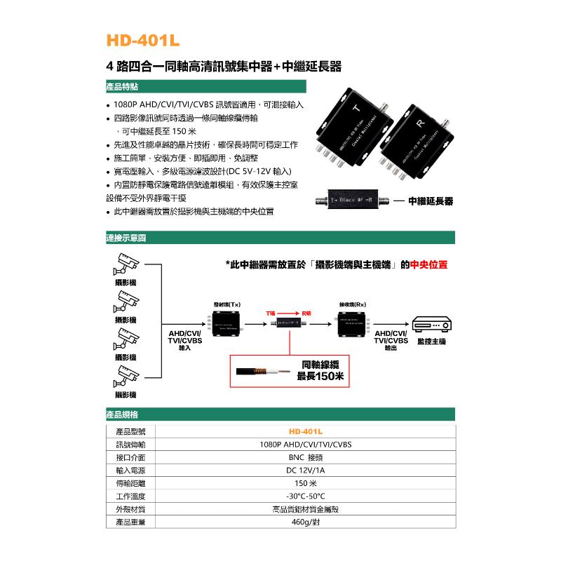 4 路四合一同軸高清訊號集中器+中繼延長器