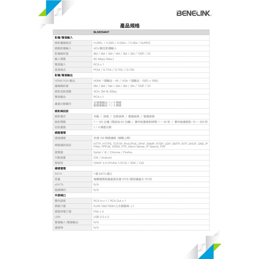 高規POE-4路監控主機 BENELINK 欣永成 高規4路 H.265