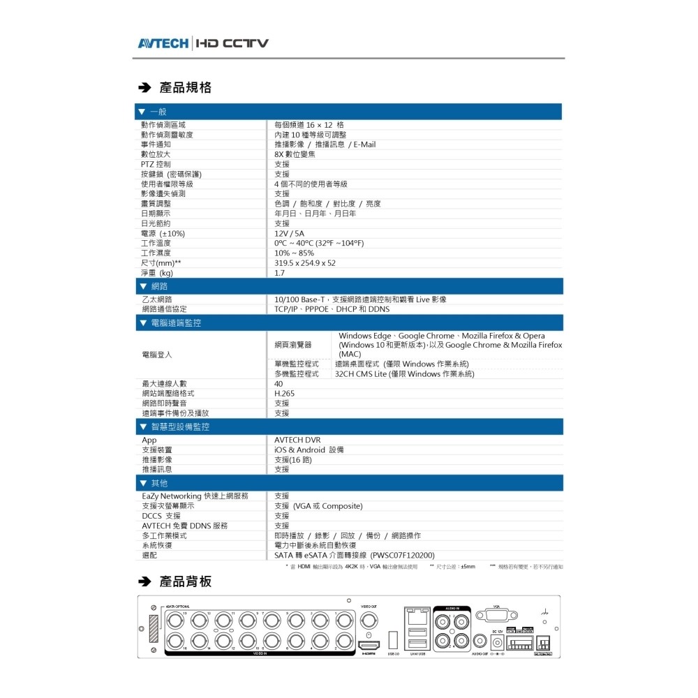 AVTECH 陞泰 16路 4K H.265 監控主機 支援5mp 錄影5MT 2倍壓縮格式 4類比音16同軸音台灣廠商製造 專賣工程人員