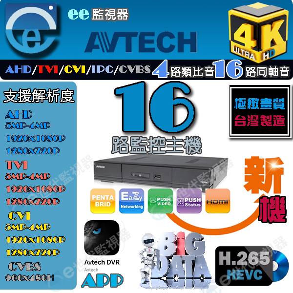 AVTECH 陞泰 16路 4K H.265 監控主機 支援5mp 錄影5MT 2倍壓縮格式 4類比音16同軸音台灣廠商製造 專賣工程人員