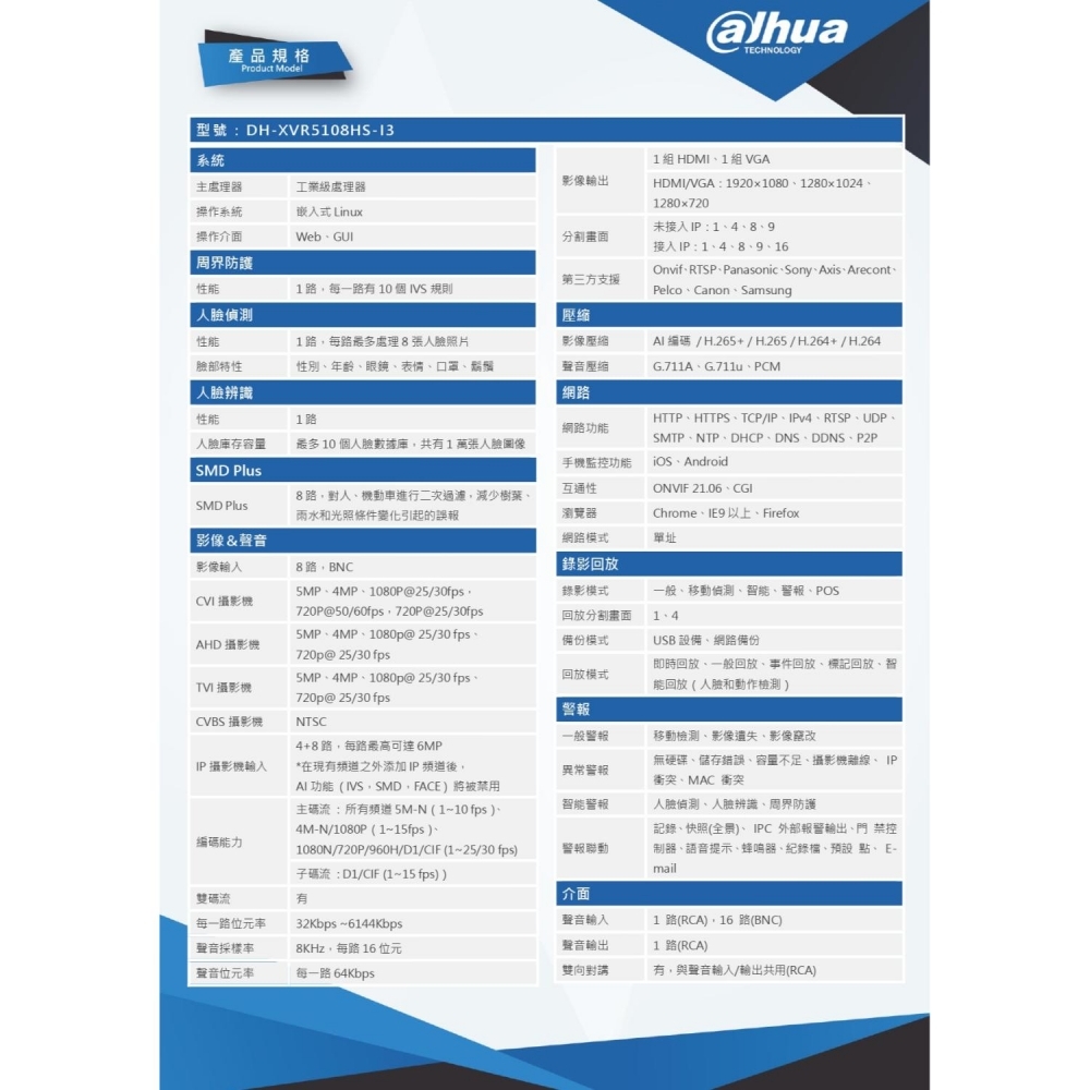 大華 8路 H.265 監控主機 支援5mp 2倍壓縮格式 1類比8同軸音 1硬碟 主機超穩定 支援16TB硬碟