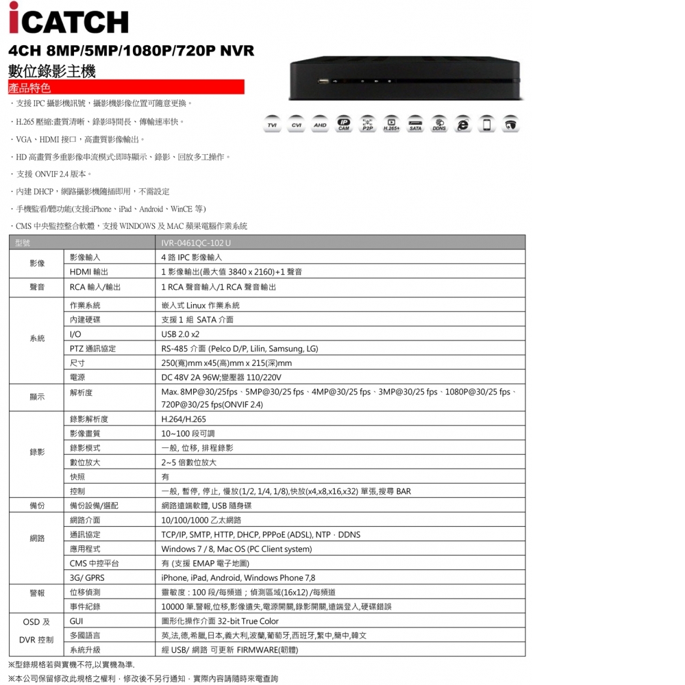 可取 4路 網路 監控 主機 800萬 4K iCATCH POE 供電 NVR IP CAM 保證新款