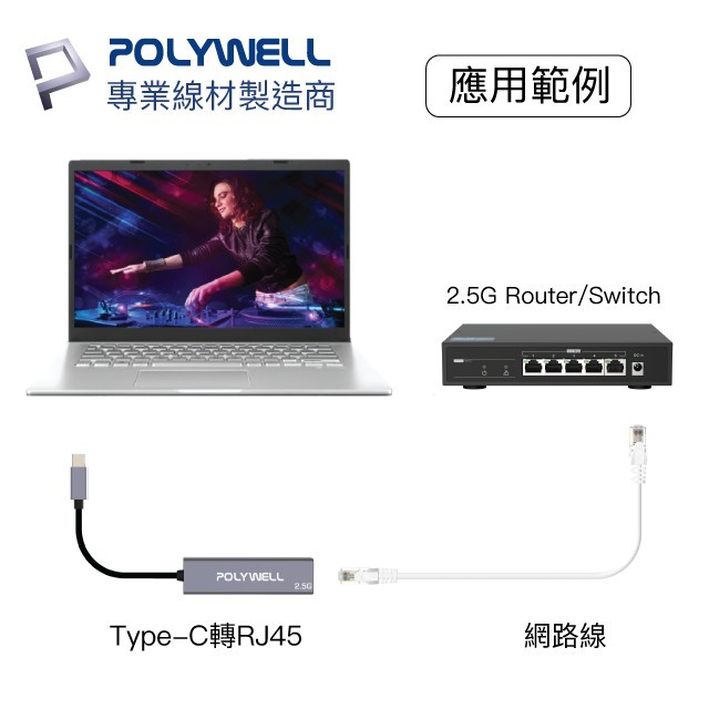 毅堅電腦 POLYWELL Type-C 2.5G 外接網卡 乙太網路卡 USB3.1 Type-C轉RJ45 寶利威爾