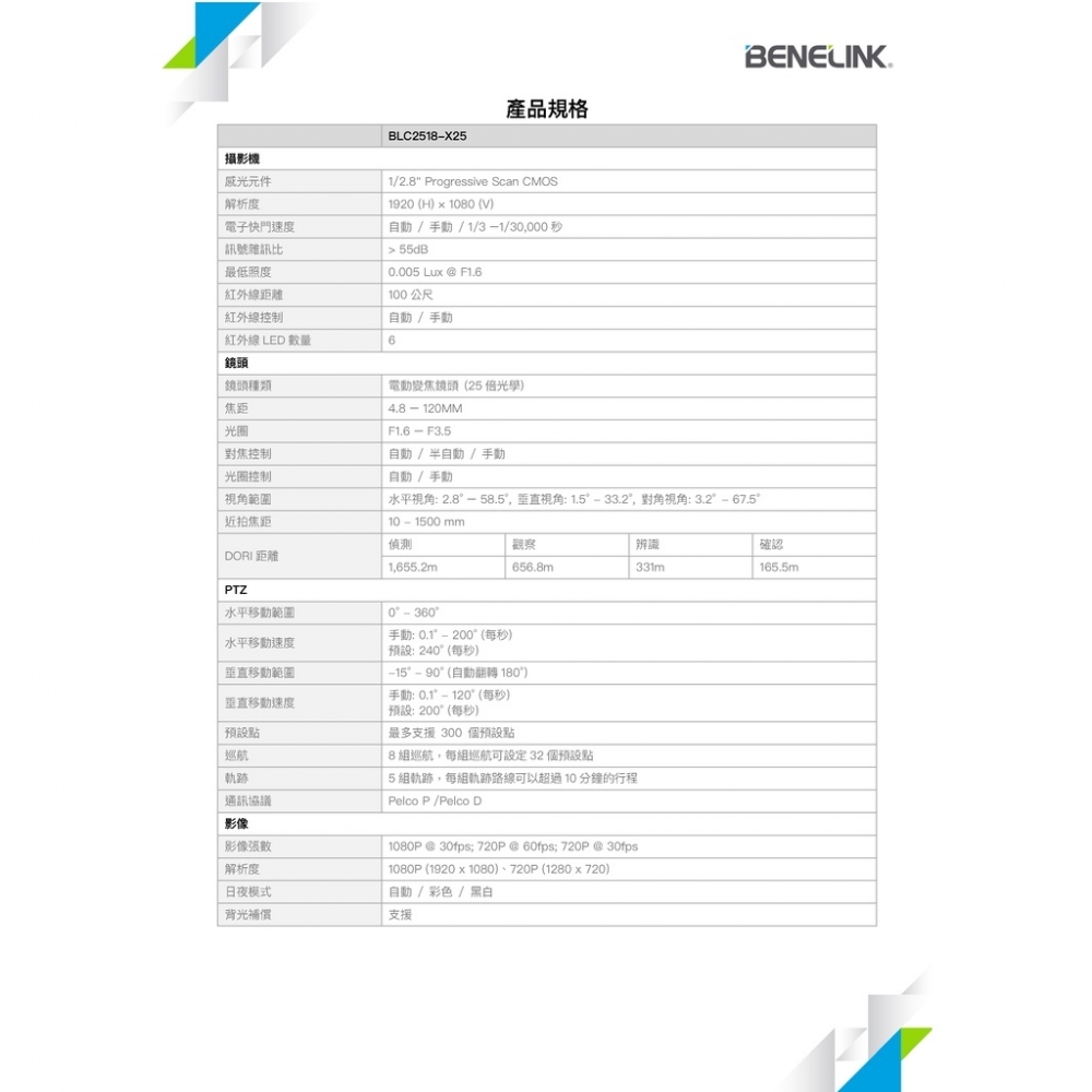 BENELINK BLC2518-X25E PTZ快速球 1080P 25倍電動變焦監視攝影機