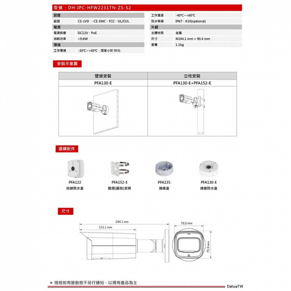 大華HFW2231TN-ZS 2MP 星光電動變焦IP CAM網路攝影機