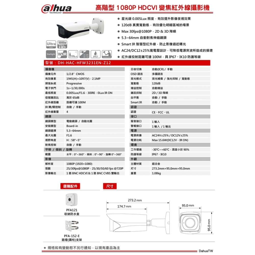 大華HFW3231EN-Z12 2MP 車牌辨識專用自動對焦監視攝影機