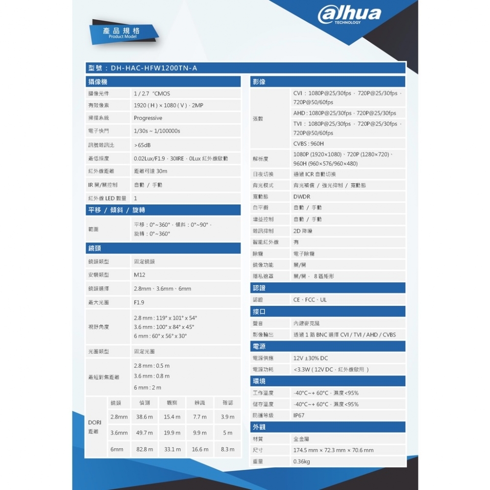 大華HFW1200TN-A 2MP 同軸音頻槍型監視攝影機
