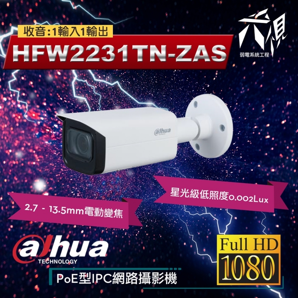 大華HFW2231TN-ZAS 2MP 星光電動變焦IP CAM可接收音網路攝影機