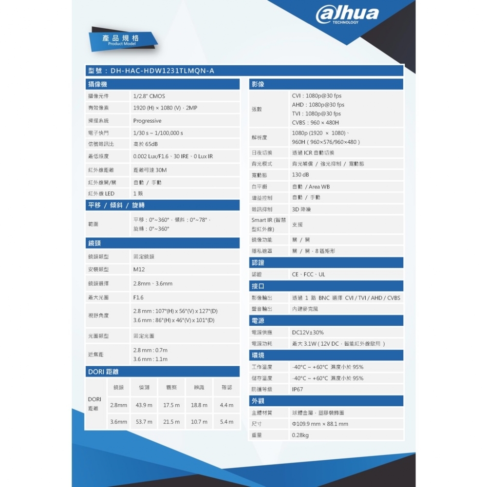 大華HDW1231TLMQN-A 2MP 星光級同軸音頻半球監視攝影機