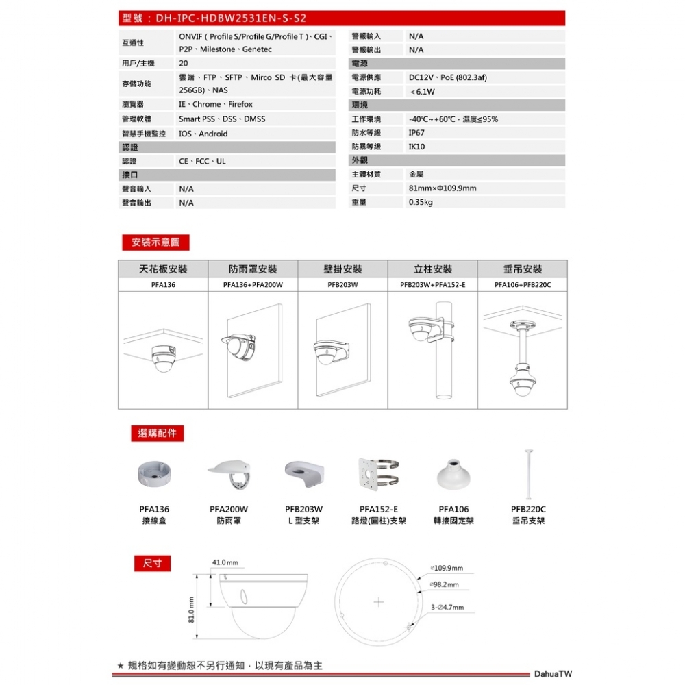 【尖視弱電】HDBW2531EN-S-S2 5MP 星光內建麥克風收音防暴半球IP CAM網路攝影機