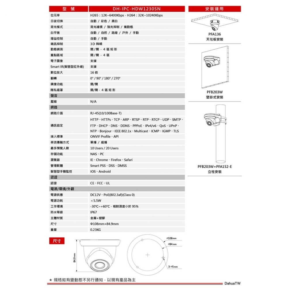 大華HDW1230SN 2MP 半球IP CAM網路攝影機